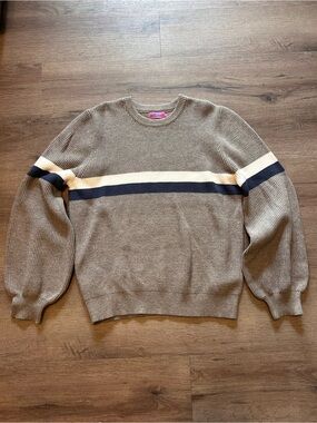 Edikted Sweater Womens M/L Gray Cream Navy Striped Oversized Crew Neck